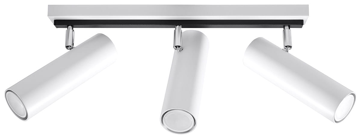 Lampa sufitowa Direzione, 3-punktowa, z białymi cylindrycznymi reflektorami na regulowanych uchwytach, zamontowana na prostokątnej, białej podstawie. Reflektory skierowane w różne strony, metalowe akcenty. Idealna do nowoczesnych wnętrz.