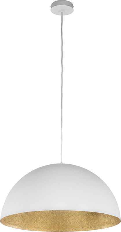 Lampa wisząca Sfera D50, 1-punktowa, o kształcie półkulistym. Biała z zewnątrz, złota w środku. Zawieszona na białym przewodzie, z płaskim mocowaniem sufitowym. Idealna do nowoczesnych wnętrz.