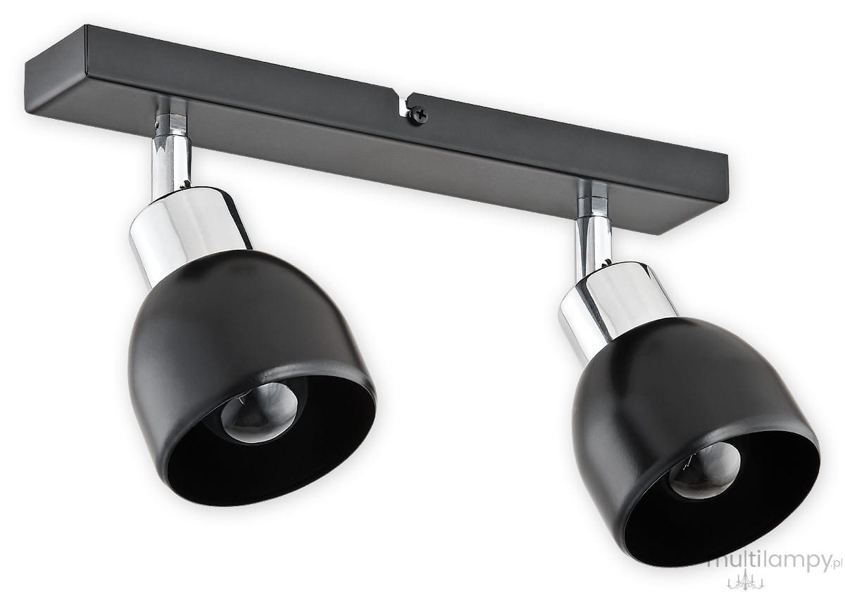 Lampa sufitowa Feniks 2-punktowa w kolorze czarnym z metalowymi chromowanymi elementami. Ułożona poziomo, z dwoma okrągłymi kloszami o matowej fakturze. Klosze skierowane w różnych kierunkach. Solidny, prostokątny uchwyt montażowy.