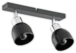 Lampa sufitowa Feniks 2-punktowa w kolorze czarnym z metalowymi chromowanymi elementami. Ułożona poziomo, z dwoma okrągłymi kloszami o matowej fakturze. Klosze skierowane w różnych kierunkach. Solidny, prostokątny uchwyt montażowy.