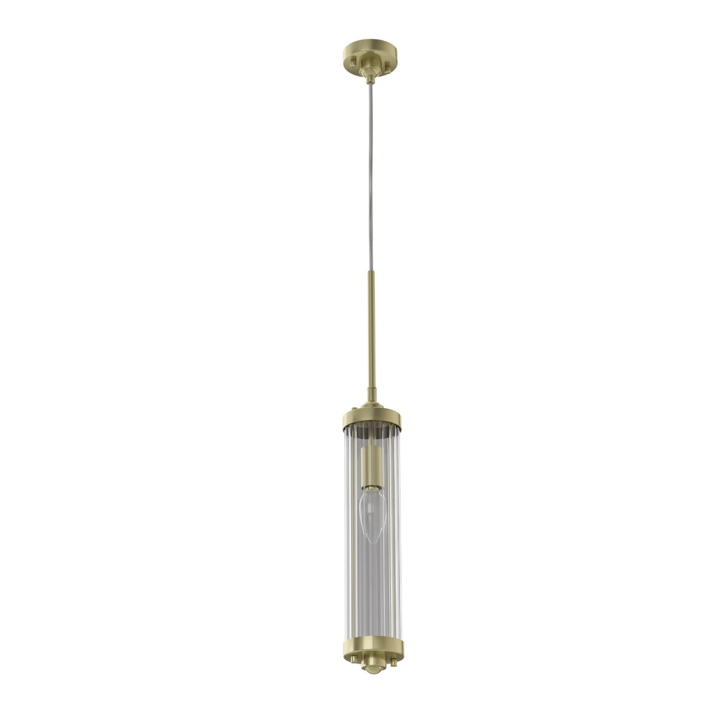 Lampa wisząca Fiatto I w kolorze złotym, z przezroczystym kloszem w kształcie cylindrycznym. Zawieszona na cienkim drucie, z widoczną żarówką w środku. Prosta, elegancka konstrukcja, idealna do nowoczesnych wnętrz. Tło białe.