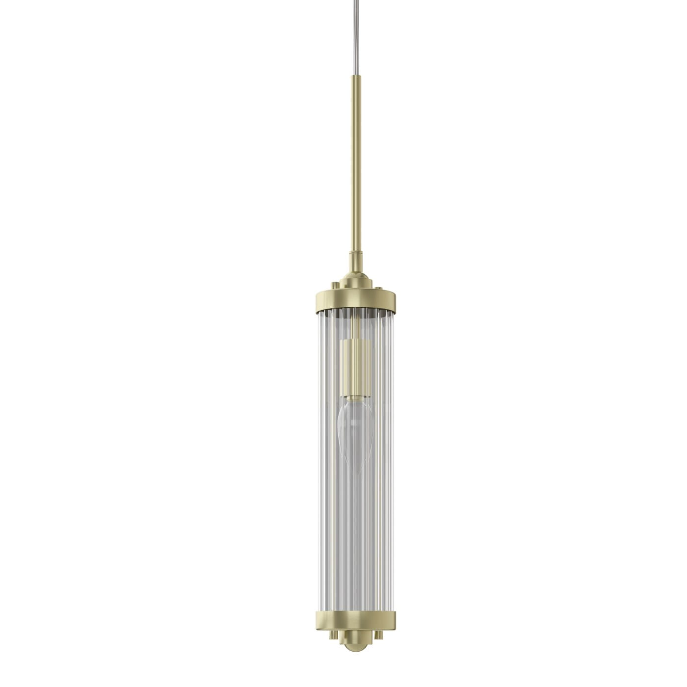 Lampa wisząca Fiatto I Old Gold w kolorze złotym, z przezroczystym kloszem w formie cylindrycznej, zawieszona na cienkim przewodzie. W centralnej części widoczna żarówka. Prosta, elegancka forma, idealna do nowoczesnych wnętrz.