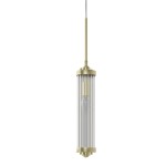 Lampa wisząca Fiatto I Old Gold w kolorze złotym, z przezroczystym kloszem w formie cylindrycznej, zawieszona na cienkim przewodzie. W centralnej części widoczna żarówka. Prosta, elegancka forma, idealna do nowoczesnych wnętrz.