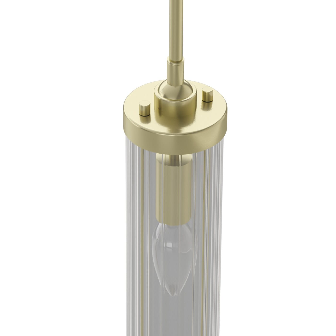 Lampa wisząca Fiatto I Old Gold w kolorze złotym, o cylindrycznym kształcie, z przezroczystym kloszem z pionowymi żłobieniami. Uchwyty i mocowanie w kolorze złotym. Widoczna żarówka w środku. Ujęcie z góry.