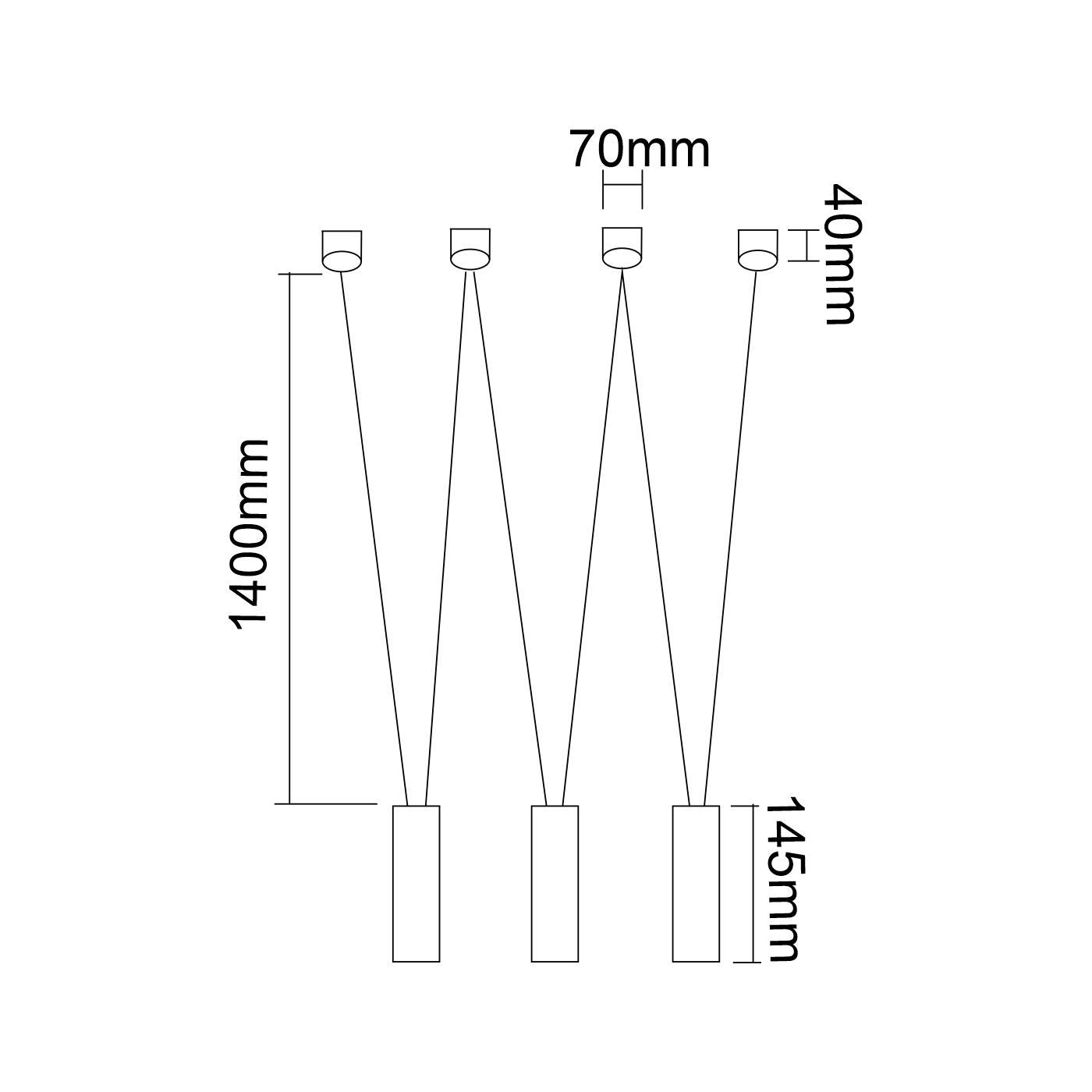 Lampa wisząca Viva III Bianco w kolorze białym z trzema punktami świetlnymi. Wymiary: długość zwisów 1400 mm, średnica podsufitki 70 mm, wysokość 40 mm, szerokość 145 mm. Produkt zawieszony w pionowej pozycji, na białym tle.