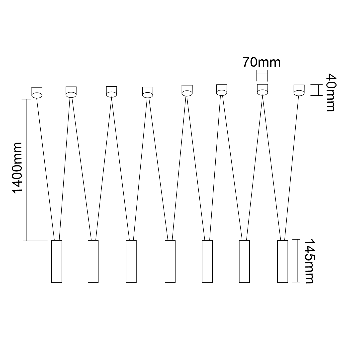 Lampa wisząca Viva VII Bianco, 7-punktowa, biała. Prosta konstrukcja z sześcioma równoległymi przewodami. Wymiary: wysokość 1400 mm, elementy mocujące 70 mm, szerokość 40 mm, wysokość 145 mm. Idealna do nowoczesnych wnętrz.