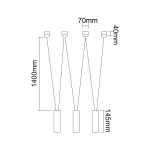 Lampa wisząca Viva III Nero w kolorze czarnym, 3-punktowa, z trzema cylindrycznymi oprawkami o wysokości 70 mm, zawieszonymi na przewodach o długości 1400 mm. Wymiary podstawy: 40 mm x 145 mm. Prosty, minimalistyczny design.
