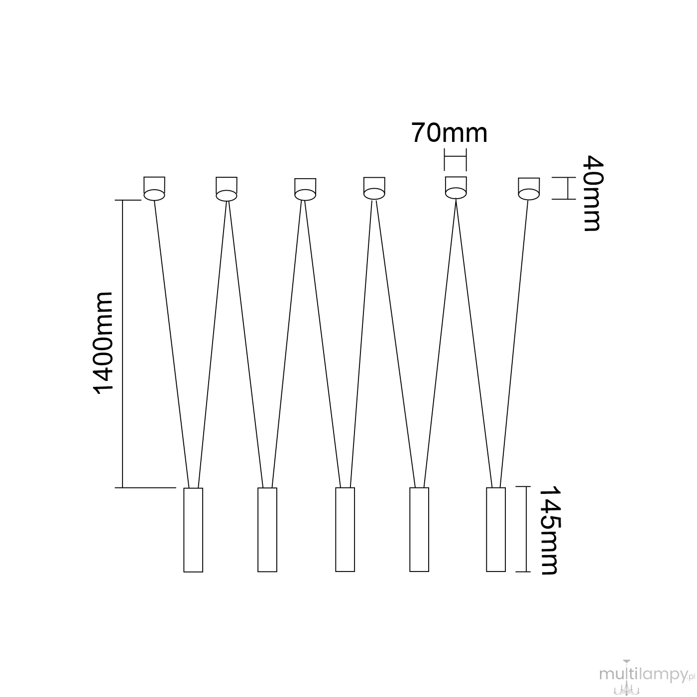 Lampa wisząca Viva V Nero o pięciu punktach świetlnych, w kolorze czarnym. Wymiary: długość 1400 mm, wysokość 145 mm, średnica uchwytu 70 mm. Zawieszenie na cienkich linkach, minimalistyczny design.