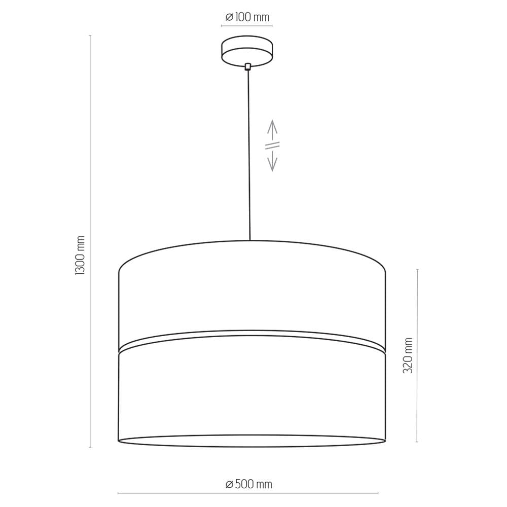 Lampa wisząca Hilton 1-punktowa w kolorze czarnym i złotym, o średnicy 500 mm i wysokości 320 mm, zawieszona na cienkim przewodzie o długości 1300 mm. Prosty, cylindryczny kształt z subtelnym złotym akcentem.