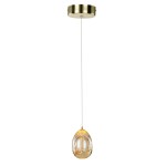 Złota lampa wisząca Huelto LED, 1-punktowa, z przezroczystym kloszem w kształcie jajka. Zawieszona na cienkim przewodzie, montowana na okrągłym, metalowym stropie. Prosta, elegancka forma, idealna do nowoczesnych wnętrz.