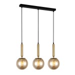 Lampa wisząca Ravena 3-punktowa w kolorze bursztynowym, z trzema szklanymi kloszami w kształcie kul, zawieszonymi na czarnych linkach. Metalowe elementy w kolorze złotym. Montowana na prostokątnej, czarnej podstawie.
