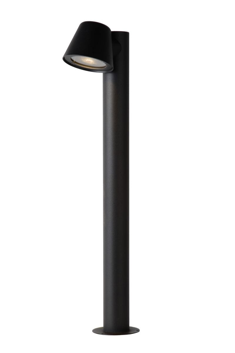 Lampa ogrodowa Dingo H70 w kolorze antracytowym, stojąca, z cylindrycznym trzonem i konicalnym kloszem. Ujęcie z boku, ukazujące detal klosza oraz podstawy. Prosta linia i matowa faktura podkreślają nowoczesny design.