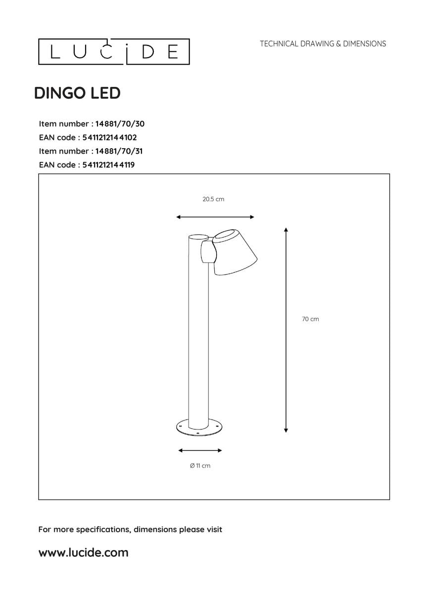 Lampa ogrodowa Dingo H70, 1-punktowa, w kolorze antracytowym. Stojąca, z okrągłą podstawą o średnicy 11 cm, wysokość 70 cm. Klosz o średnicy 20,5 cm, lekko nachylony. Prosta, nowoczesna konstrukcja idealna do ogrodu lub na taras.