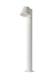 Lampa ogrodowa stojąca Dingo H70 w kolorze białym, z pojedynczym punktem świetlnym. Prosty, cylindryczny kształt z ukośnym kloszem, umieszczona na okrągłej podstawie. Ujęcie frontalne, na jednolitym tle.