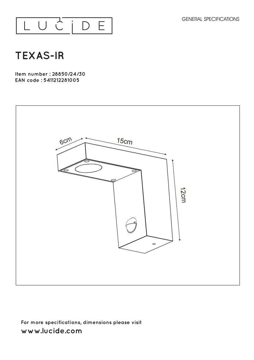 Kinkiet elewacyjny Texas-IR w kolorze antracytowym, z czujnikiem ruchu. Wymiary: 15 cm długości, 12 cm wysokości, 6 cm szerokości. Prosta, geometryczna forma z otworem na żarówkę, montowany na ścianie, idealny do oświetlenia zewnętrznego.
