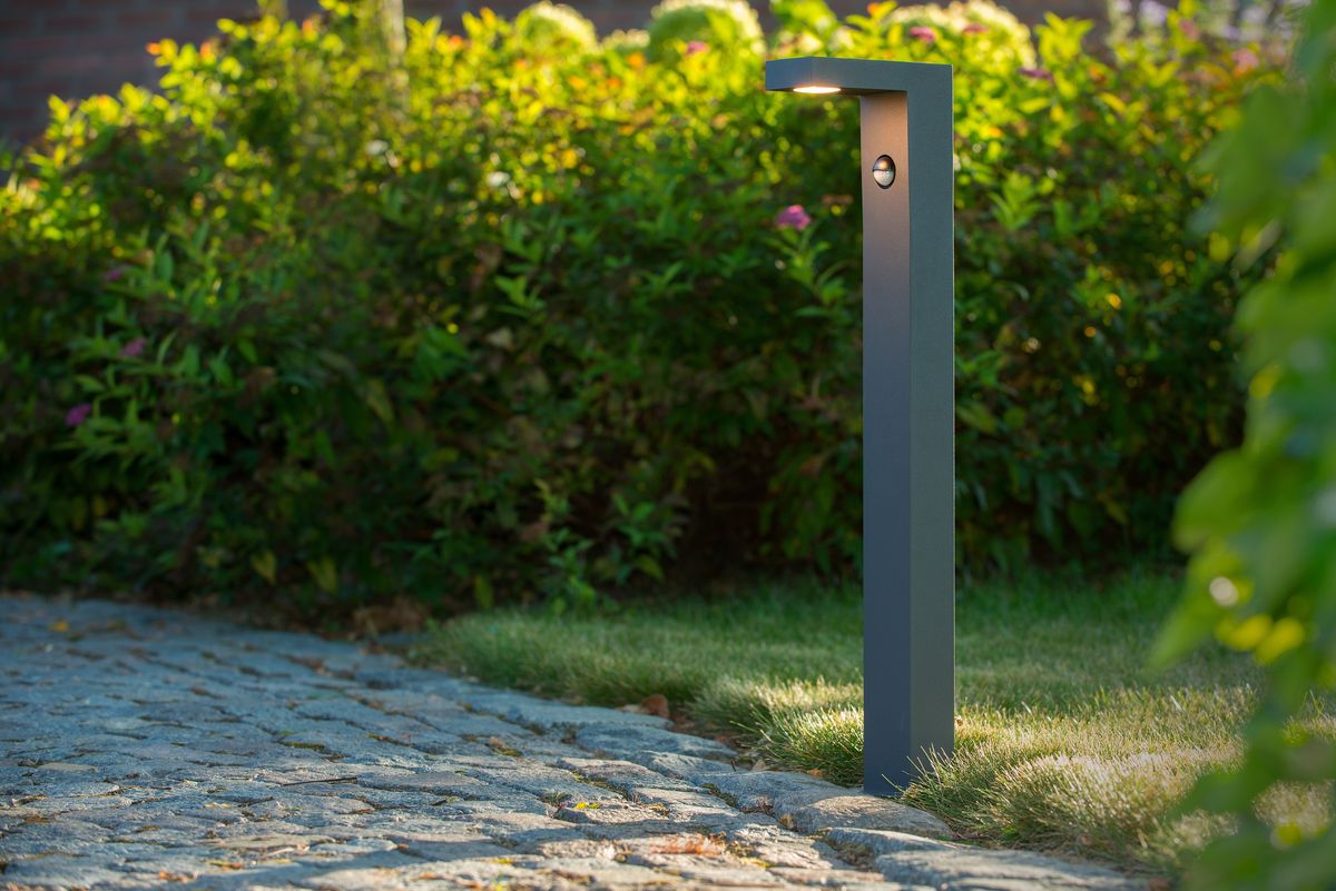 Lampa ogrodowa Texas-IR LED H60 w kolorze antracytowym, stojąca, z czujnikiem ruchu. Prosty, prostokątny kształt, umieszczona na trawniku obok kamiennej ścieżki, z widocznym światłem na górze. Tło z zielenią roślinności.