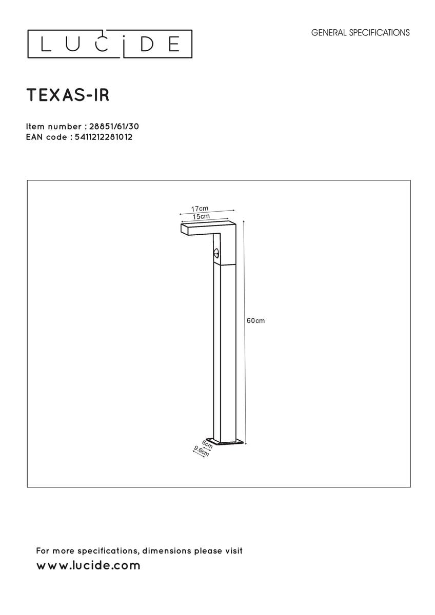 Lampa ogrodowa stojąca Texas-IR LED H60 w kolorze antracytowym, z czujnikiem ruchu. Prosty, prostokątny kształt, wymiary 60 cm wysokości, 15 cm szerokości, 17 cm głębokości. Ujęcie frontalne, produkt umieszczony w pozycji stojącej.