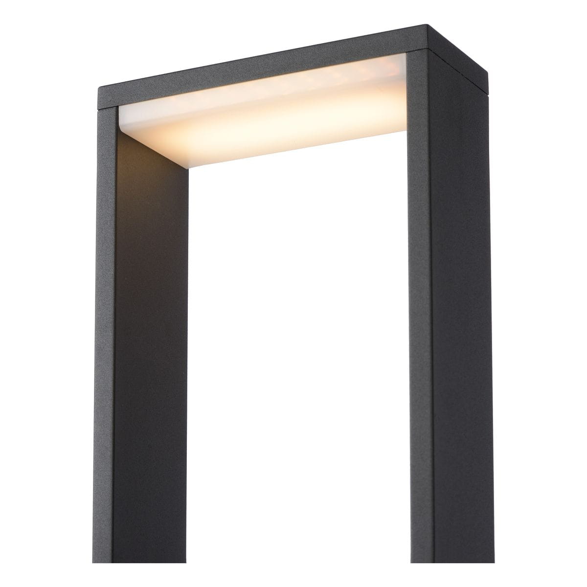 Lampka ogrodowa Goa LED H60 w kolorze czarnym, o prostokątnym kształcie. Górna część z białym, ciepłym światłem LED. Ujęcie z boku, ukazujące minimalistyczny design i wykończenie. Idealna do oświetlenia przestrzeni zewnętrznych.