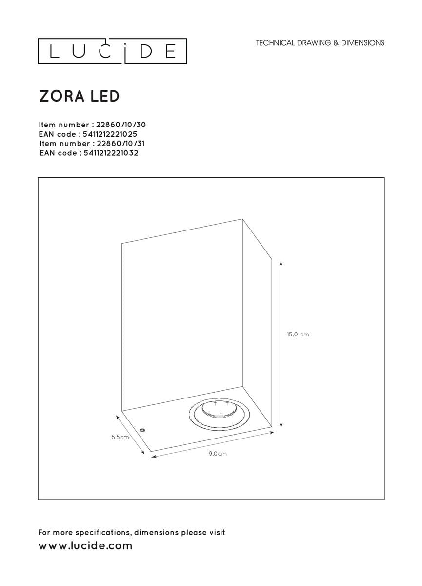 Kinkiet ogrodowy Zora w kolorze białym, 2-punktowy, z prostokątną obudową. Wymiary: 15 cm wysokości, 9 cm szerokości, 6,5 cm głębokości. Ujęcie z boku, ukazujące szczegóły montażu i kształt produktu.