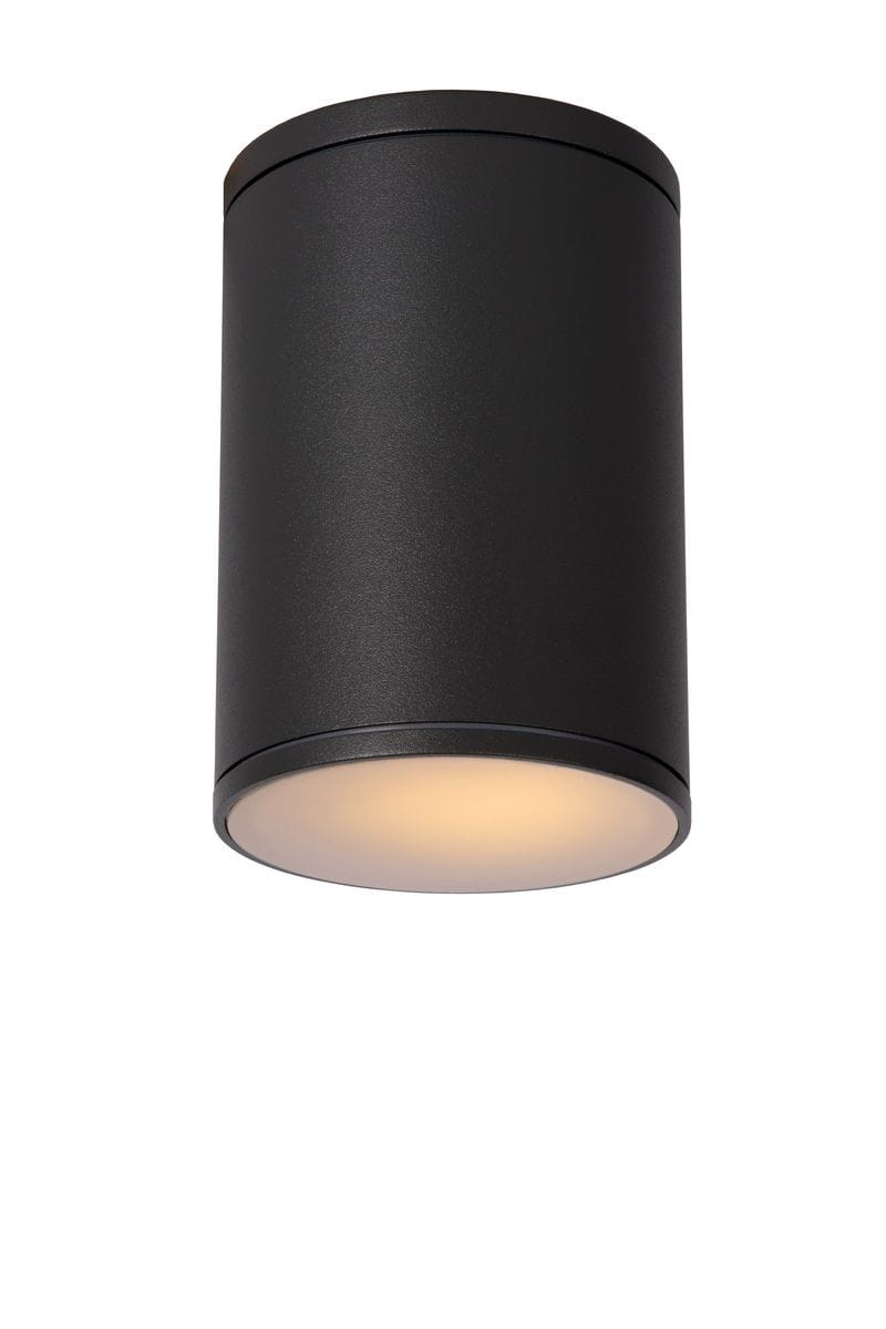 Tubix lampa sufitowa elewacyjna 1-punktowa w kolorze antracytowym, cylindryczna, z matowym wykończeniem. Zawieszona w pozycji pionowej, z widocznym kloszem w dolnej części, emitującym ciepłe światło. Tło białe, co podkreśla elegancki design lampy.