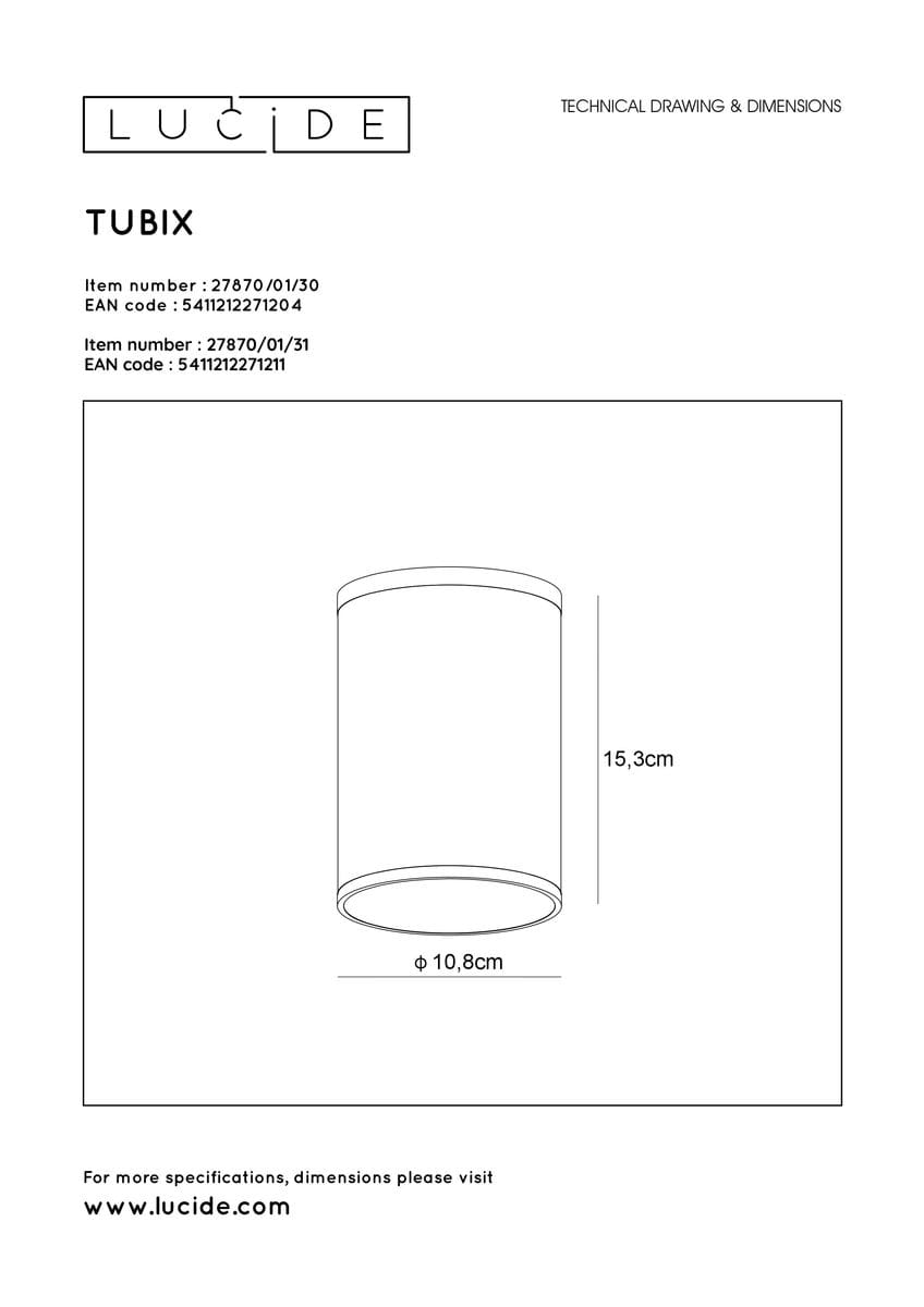 Lampa sufitowa elewacyjna Tubix w kolorze antracytowym, cylindryczna, o wysokości 15,3 cm i średnicy 10,8 cm. Prosty design, idealna do oświetlenia wnętrz lub elewacji, montowana w pozycji stojącej, z widocznym miejscem na źródło światła.