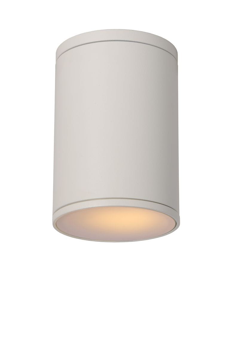Biała lampa sufitowa elewacyjna Tubix, 1-punktowa, cylindryczny kształt, matowa faktura. Zawieszona w pozycji pionowej, emitująca ciepłe światło przez otwór u dołu. Prosty design, idealna do nowoczesnych wnętrz.