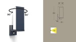 Cuba LED kinkiet elewacyjny 2-punktowy w ciemnoszarym kolorze z czujnikiem ruchu. Prezentowany z boku, montowany na ścianie, z możliwością obrotu o 90° w górę i w dół. Wymiary: wysokość 308 mm, szerokość 93 mm, głębokość 146 mm.