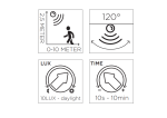 Ikony informacyjne dotyczące kinkietu elewacyjnego Cuba LED: zasięg czujnika ruchu (0-10 m, 2,5 m wysokości), kąt detekcji (120°), ustawienia natężenia światła (10 LUX - dzienne), oraz czas działania (10 s - 10 min).