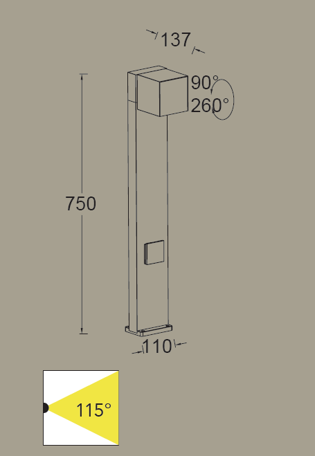 Cuba LED H75 to regulowana lampa stojąca ogrodowa w kolorze ciemnoszarym. Wysokość 750 mm, szerokość 110 mm, z gniazdem. Kąt oświetlenia 115°, możliwość obrotu o 90° i 260°. Prosty, nowoczesny design, idealna do użytku na zewnątrz.