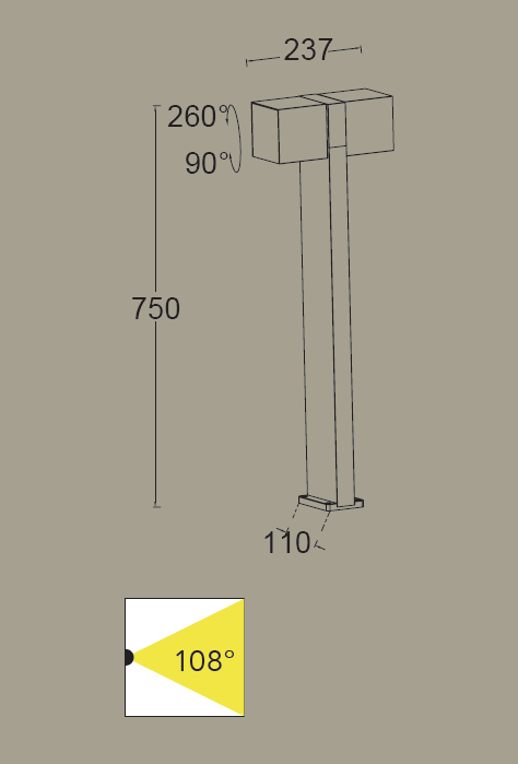Lampa stojąca ogrodowa Cuba LED H75 w ciemnoszarym kolorze, regulowana, o wysokości 750 mm i szerokości 237 mm. Posiada dwa punkty świetlne, z kątem świecenia 108° oraz możliwość regulacji w pionie (90°) i poziomie (260°).
