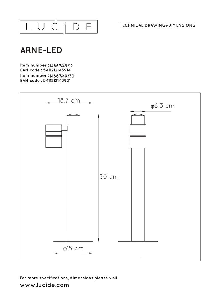 Czarna lampa ogrodowa stojąca Arne H50, 1-punktowa, o wysokości 50 cm i średnicy podstawy 15 cm. Prosty, cylindryczny kształt, z zamontowanym źródłem światła na górze. Widok z przodu, na białym tle.