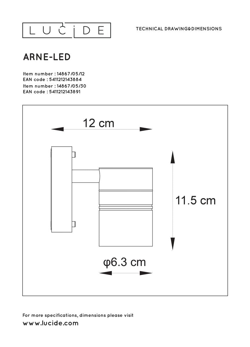 Czarny kinkiet elewacyjny Arne z kolekcji Lucide, o wymiarach 12 cm szerokości i 11,5 cm wysokości, z okrągłym kloszem o średnicy 6,3 cm. Ujęcie z boku, ukazujące prostą, nowoczesną formę oraz mocowanie do ściany.