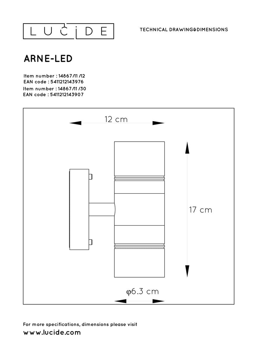 Czarny kinkiet elewacyjny Arne z dwoma źródłami światła, wykonany z metalu. Wymiary: 12 cm szerokości, 17 cm wysokości, 6,3 cm średnicy. Ujęcie frontalne, prosta konstrukcja, bez widocznych dekoracji. Idealny do montażu na zewnątrz budynku.