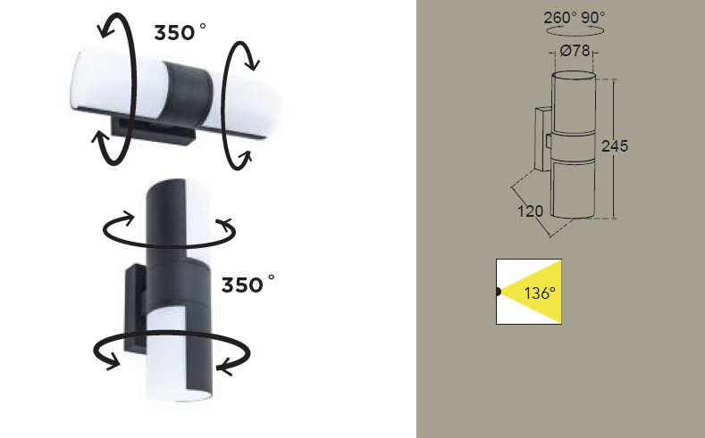 Kinkiet elewacyjny Cyra LED 2-punktowy w ciemnoszarym kolorze, regulowany w poziomie 350° i pionie 350°. Widoczny schemat z wymiarami: 245 mm wysokości, 78 mm średnicy. Wyposażony w dwa źródła światła.