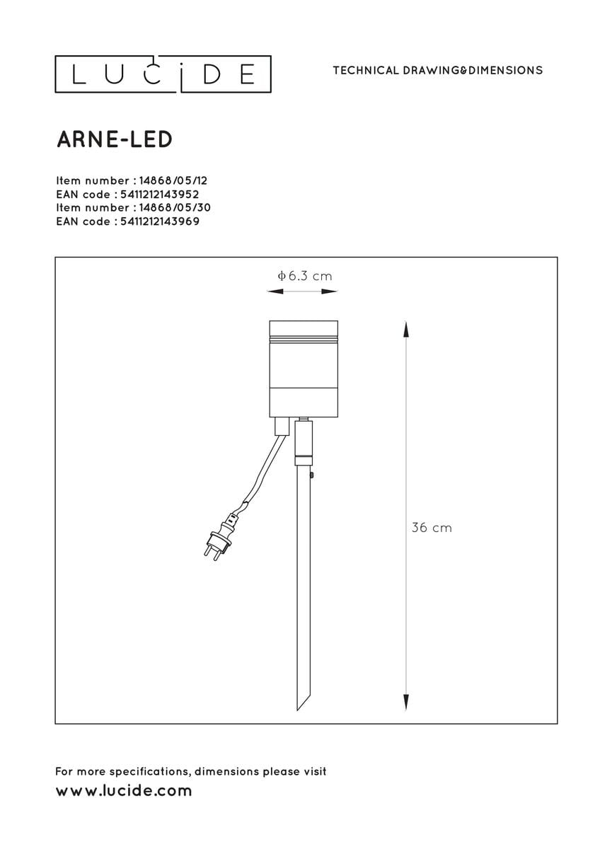 Oprawa dogruntowa Arne w kolorze czarnym, o wysokości 36 cm i średnicy 6,3 cm. Produkt posiada kabel zasilający i jest przeznaczony do montażu w gruncie. Prosta forma, idealna do oświetlenia ogrodów i ścieżek.