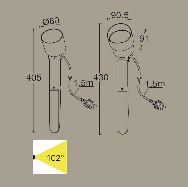 Lampa stojąca ogrodowa Explorer LED H43 w ciemnoszarym kolorze, regulowana, o wysokości 405 mm oraz średnicy klosza 80 mm. Wyposażona w przewód z wtyczką i kąt świecenia 102°. Ujęcie frontalne, z wymiarami.