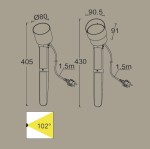 Lampa stojąca ogrodowa Explorer LED H43 w ciemnoszarym kolorze, regulowana, o wysokości 405 mm oraz średnicy klosza 80 mm. Wyposażona w przewód z wtyczką i kąt świecenia 102°. Ujęcie frontalne, z wymiarami.