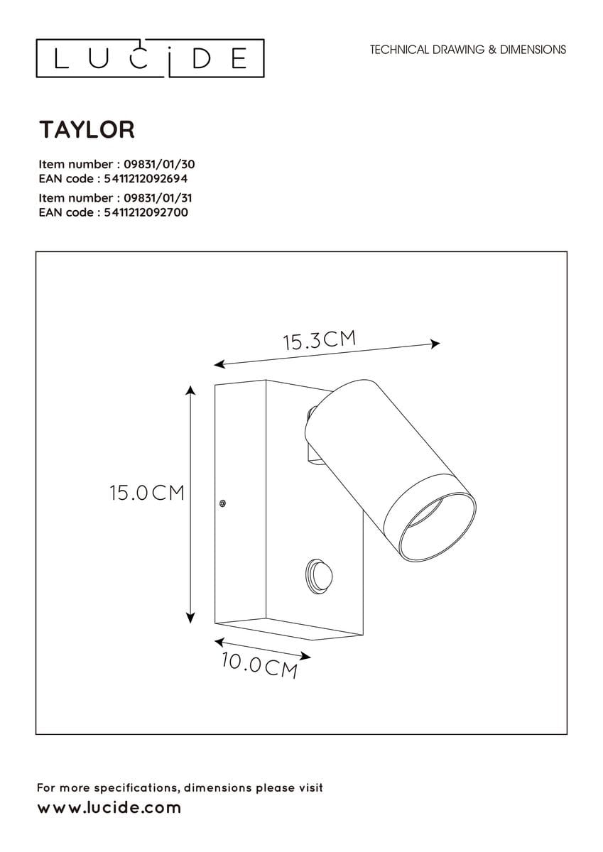 Kinkiet elewacyjny Taylor w kolorze czarnym z czujnikiem ruchu. Produkt ma prostokątną podstawę o wymiarach 15 x 10 cm oraz okrągłą głowicę świecącą, nachyloną pod kątem. Ujęcie frontalne, ukazujące wymiary i kształt lampy.