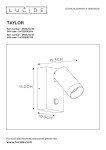 Kinkiet elewacyjny Taylor w kolorze czarnym z czujnikiem ruchu. Produkt ma prostokątną podstawę o wymiarach 15 x 10 cm oraz okrągłą głowicę świecącą, nachyloną pod kątem. Ujęcie frontalne, ukazujące wymiary i kształt lampy.