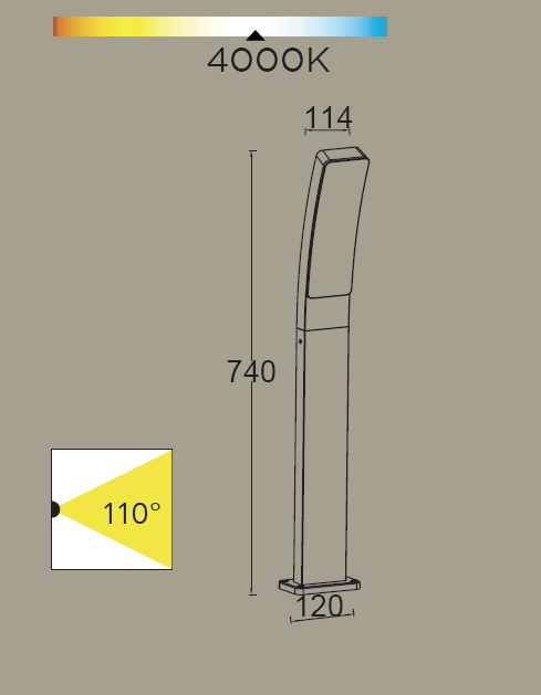 Lampa stojąca Kira LED H74 w ciemnoszarym kolorze, o wysokości 740 mm i szerokości 120 mm. Posiada wbudowane źródło światła o temperaturze barwowej 4000K oraz kąt świecenia 110°. Prosty, nowoczesny design.