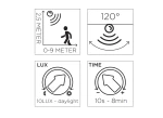 Ikony przedstawiające funkcje kinkietu Kira LED: zasięg czujnika ruchu do 9 metrów, kąt detekcji 120°, ustawienia światła 10 LUX oraz czas działania od 10 sekund do 8 minut.