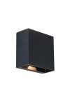Czarny kinkiet elewacyjny Gemini Beams LED, regulowany, w formie prostokątnej z krawędziami, umieszczony w pozycji wiszącej. Wnętrze lampy ma złotą barwę, co podkreśla efekt świetlny. Idealny do oświetlenia elewacji budynków.