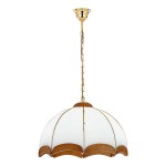 Lampa wisząca Sikorka 3-punktowa z białym, szklanym kloszem w kształcie parasola, z drewnianym detalem u podstawy. Złoty łańcuch i mocowanie. Produkt zawieszony w pozycji pionowej, na jednolitym tle.