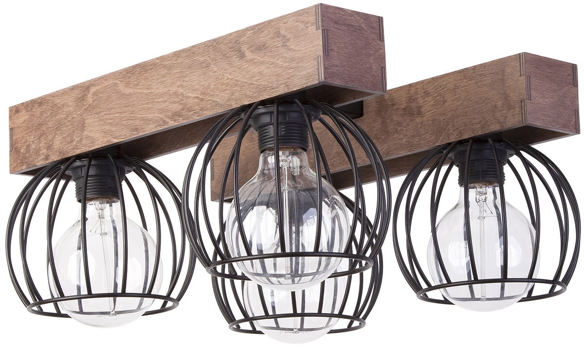 Brązowa lampa sufitowa 4-punktowa Milan z drewnianym stelażem i czarnymi metalowymi kloszami w kształcie kul. Lampa zamontowana na suficie, z widocznymi żarówkami w przezroczystych osłonach.