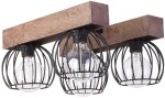 Brązowa lampa sufitowa 4-punktowa Milan z drewnianym stelażem i czarnymi metalowymi kloszami w kształcie kul. Lampa zamontowana na suficie, z widocznymi żarówkami w przezroczystych osłonach.