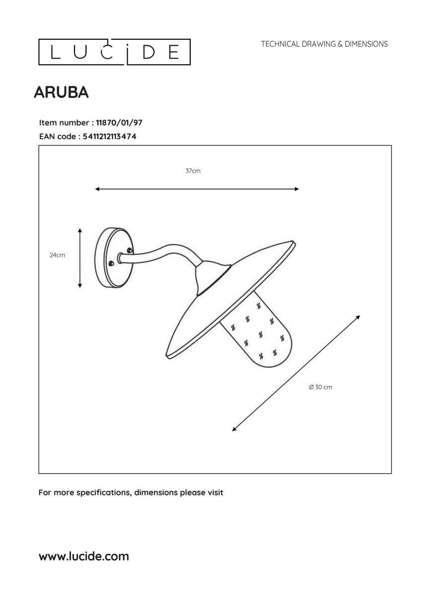 Kinkiet elewacyjny Aruba w kolorze rdzawego brązu, z okrągłą podstawą i lekko zaokrąglonym kloszem. Wymiary: 37 cm szerokości, 24 cm wysokości, klosz o średnicy 30 cm. Produkt montowany na ścianie, idealny do oświetlenia zewnętrznego.