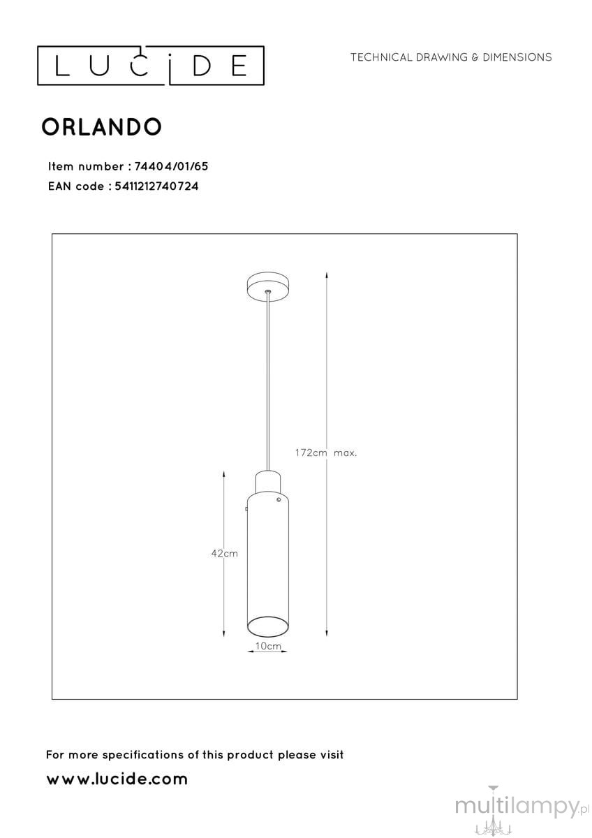 Lampa wisząca Orlando, 1-punktowa, czarna, o wysokości 42 cm i średnicy 10 cm. Prosta, cylindryczna forma z metalowym mocowaniem, zawieszona na cienkim kablu, idealna do nowoczesnych wnętrz.