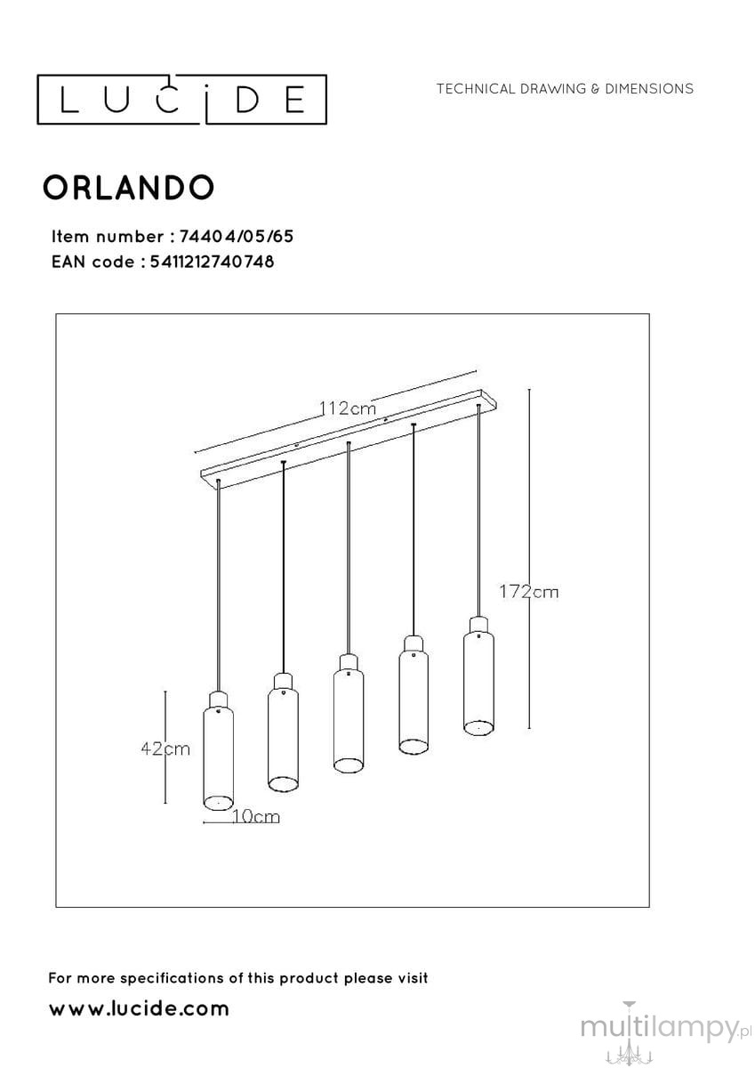 Lampa wisząca Orlando 5-punktowa w kolorze czarnym, z prostokątnym stelażem o wymiarach 112 cm. Pięć pojedynczych kloszy zwisających na różnych wysokościach, każdy o średnicy 10 cm, w kształcie cylindrów.
