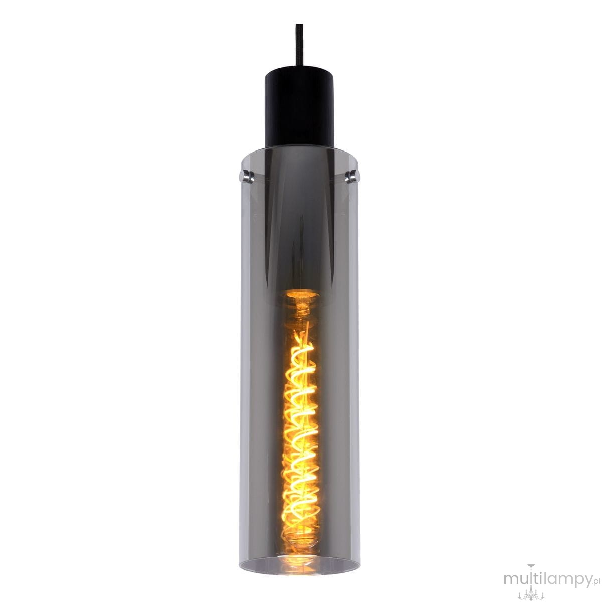 Czarna lampa wisząca Orlando 3-punktowa, z przezroczystym kloszem w kształcie cylindra, z widoczną spiralną żarówką. Ujęcie frontalne, zawieszona na cienkim przewodzie, idealna do nowoczesnych wnętrz.