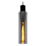 Czarna lampa wisząca Orlando 3-punktowa, z przezroczystym kloszem w kształcie cylindra, z widoczną spiralną żarówką. Ujęcie frontalne, zawieszona na cienkim przewodzie, idealna do nowoczesnych wnętrz.